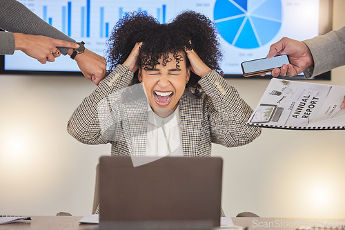 Image of Stress, screaming and overworked with black woman and laptop for compliance, accountability or tax audit. Headache, mental health and anxiety with employee shouting for multitasking, burnout and fail