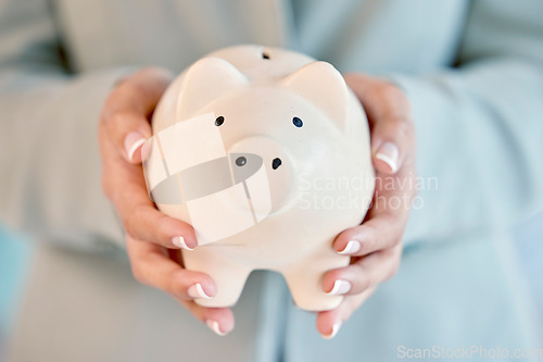 Image of Piggy bank savings, investment and woman hands investing in wealth, financial business growth or budget. Accounting person with profit, finance management and banking cashback, security or insurance