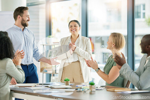 Image of Woman promotion applause, celebration and business people clapping for employee growth or success goals. Happy management, congratulations cheers and diversity sales team celebrate worker achievement