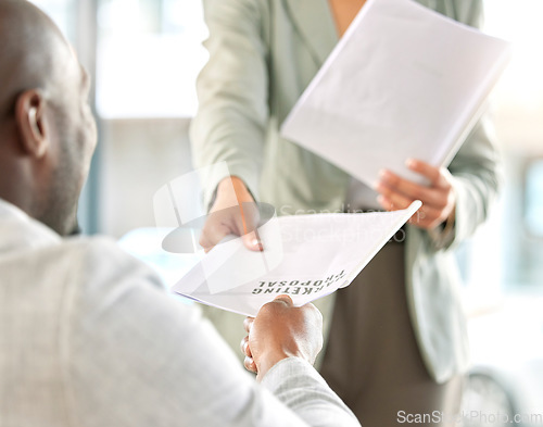 Image of Business meeting, partnership and marketing proposal with paperwork and team, working together and strategy. Advertising agency, woman handing man document with collaboration, teamwork and planning