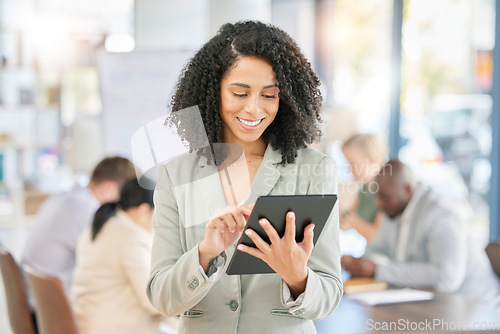 Image of Happy, black woman and digital tablet in office for planning, app and schedule against blurred background. Business, leader and female with digital marketing, advertising or creative idea for startup