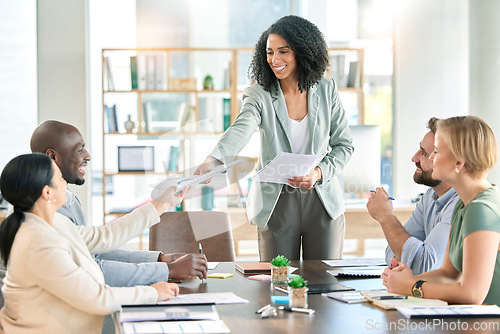 Image of Black woman, leader with business people and team in meeting, paperwork and presentation with collaboration. Diversity, teamwork and project proposal with speaker, happy group in conference room