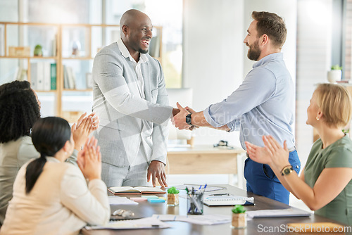 Image of Applause, diversity acquisition handshake and business people celebrate investment, b2b contract deal or merger success. Client negotiation meeting, excited hand shake and group partnership agreement