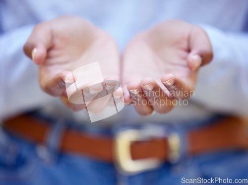 Image of Woman, hands open and pray for worship, gratitude and trust for Islam, Allah and religion with manicure. Girl, palm hand and thank you for donation, giving and faith in God with silent mindfulness