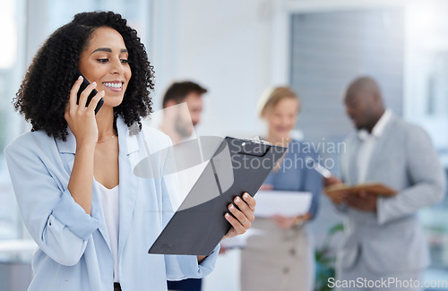 Image of Black woman, business smile and phone call with document, clipboard and information for proposal. Smile of entrepreneur person talking on smartphone for schedule, consultation or budget data report