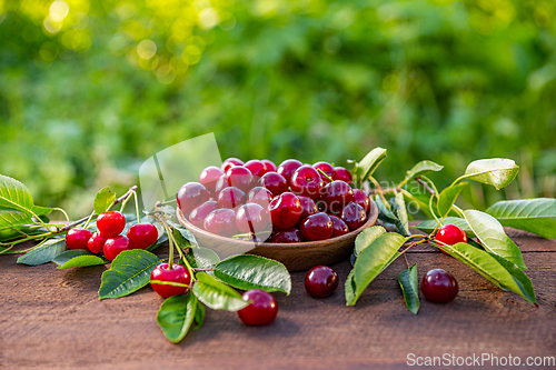 Image of Cherries in a wooden bowl