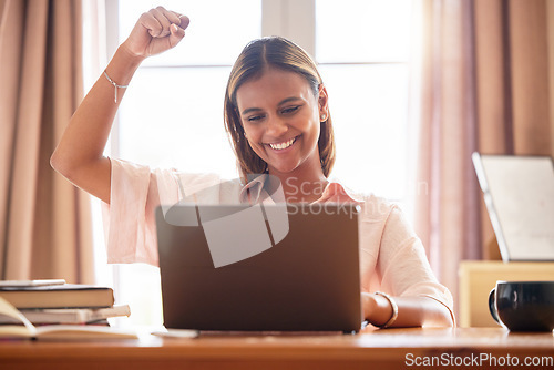 Image of Laptop, student and success celebration of woman in home after achievement, studying goals or targets. Scholarship winner, learning and smile of happy female after good news or education victory.