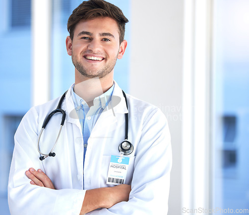 Image of Portrait of a young male doctor in healthcare internship opportunity, career and happy hospital service. Face or headshot of a proud medical person, cardiologist or man with leadership and integrity