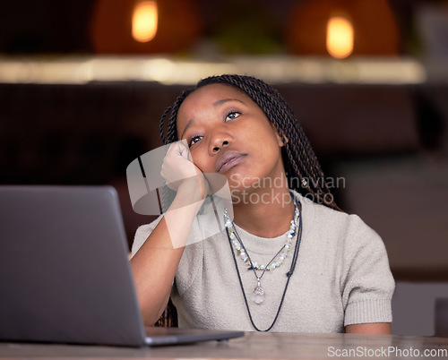 Image of Tired, bored and thinking black woman at work with depression, stress and sad about workload. Idea, problem and depressed African employee with contemplation about a project, task or deadline