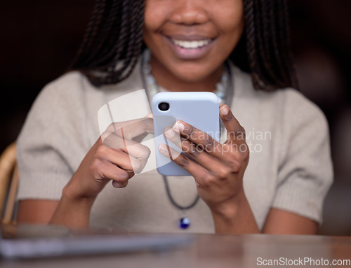 Image of Closeup, black hands and smartphone for connection, typing and search website for information. Zoom, African American female and lady with cellphone, social media or networking with signal and smile