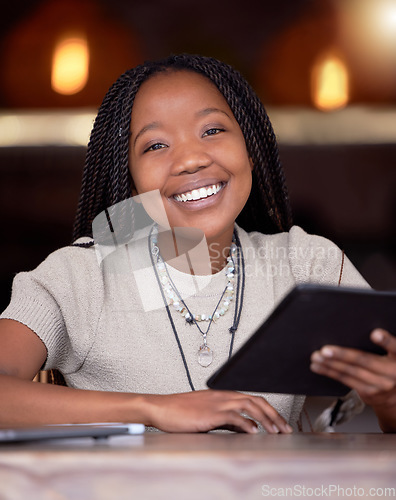 Image of Portrait, black woman and tablet with connection, social media and search website for information. Face, African American female and girl with device, online reading and share post with happiness