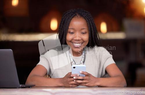 Image of Black woman, phone and smile for social media, chatting or communication and texting at cafe. Happy African American female freelancer smiling for wifi on mobile app, browsing or chat on smartphone