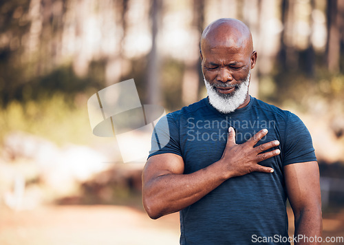 Image of Black man, heart attack and health for outdoor exercise, park and running workout. Senior sports male, chest and stroke for fitness emergency, asthma and muscle pain from cardiac injury, risk or body