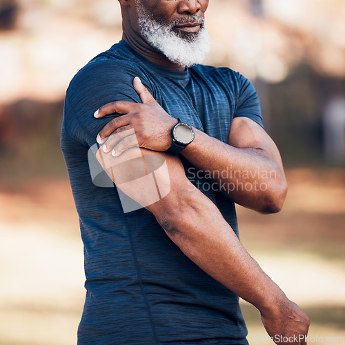 Image of Senior black man, shoulder pain or injury in nature after accident, workout or training. Sports, health or elderly male athlete with fibromyalgia, inflammation or tendinitis, arthritis or painful arm