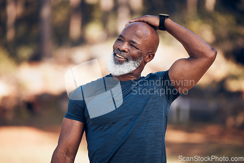 Image of Black man, exercise and stretching for fitness warm up before running outdoor for motivation. Senior person with smile in nature forest for muscle workout and training for cardio, health and wellness