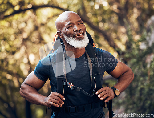 Image of Nature, backpack and senior black man hiking in a forest for exercise, health and wellness. Sports, athlete and happy elderly African male hiker in retirement trekking in the woods on adventure trail