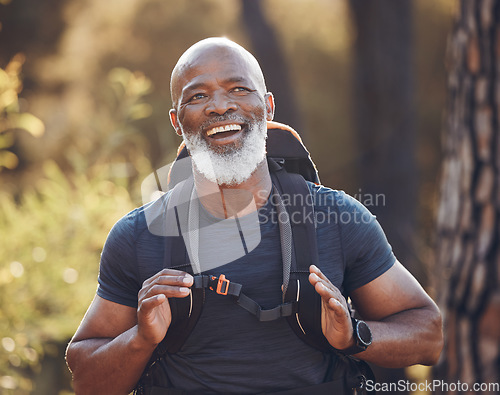 Image of Senior black man hiking in nature for outdoor discovery, fitness walking and forest travel journey. Happy hiker person trekking in woods for retirement health, cardio wellness and camper holiday