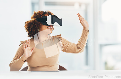 Image of VR, happy and woman with glasses for a connection, digital project and system. Touching, ai and smiling business employee working with an interactive, futuristic and virtual reality program online