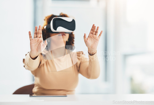 Image of VR, metaverse and corporate woman in the office planning a digital project with a headset. Virtual reality, 3d and professional female employee designing a graphic company report in the workplace.