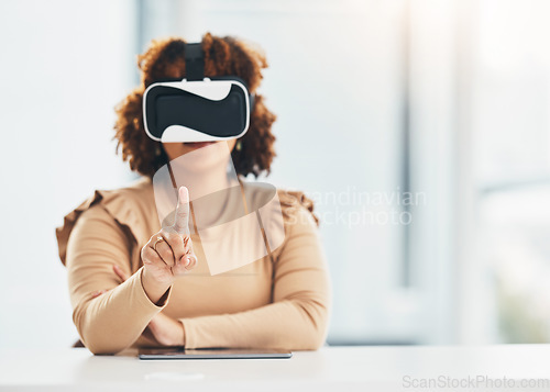 Image of Virtual reality, user interface and black woman with finger for cyber app, interactive website and metaverse. Technology, vr headset and hand of girl for futuristic internet, ux network and ai design