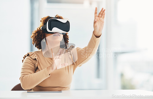 Image of VR, touching and woman with glasses for a simulation, digital project and system. Business, ai and employee in corporate working with an interactive, futuristic and virtual reality program online