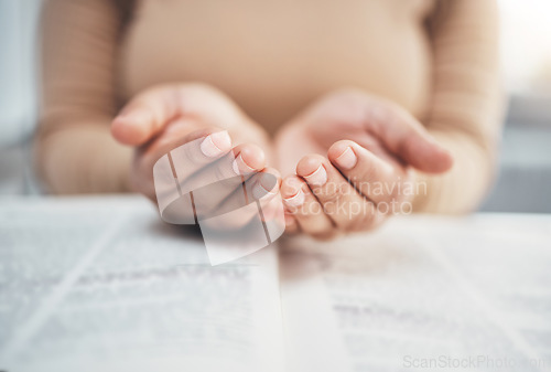 Image of Worship, prayer and bible with hands of woman for religion, support and Christian faith. Believe, spirituality and God with girl praying over catholic holy text for wellness, respect and hope