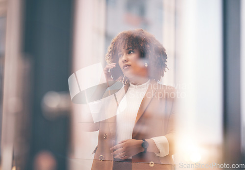 Image of Window, phone call and black woman with conversation, serious or business owner with concern. Glass, African American female leader or manager with smartphone, communication or connection with stress