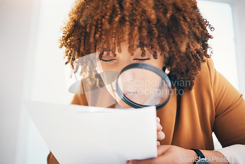 Image of Black woman, magnifying glass and office for inspection with documents, hr recruitment and focus. Human resources expert, manager and paper research for hiring, opportunity or job for future employee