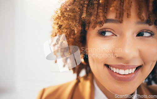 Image of Corporate black woman, headshot and smile with beauty, vision or ideas for small business with happiness. Young executive, entrepreneur and gen z leader with thinking, happy or excited face at pr job