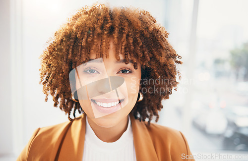 Image of Office, smile and portrait of business black woman in office excited for working, startup career and job. Leadership, success and face of female worker with happy mindset, attitude and company pride