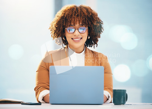 Image of Business, black woman and laptop with glasses reading or typing email online in office. Entrepreneur person smile at desk with technology and bokeh mockup space for career research and data analysis