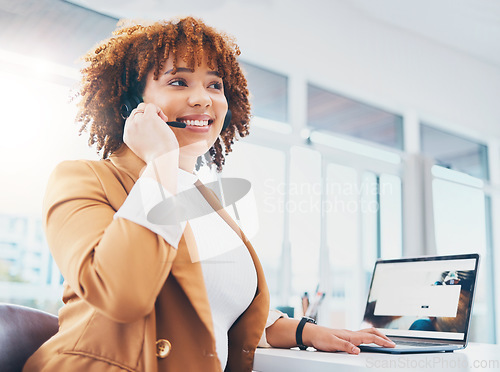 Image of Call center, laptop and woman with microphone and smile for customer support, sale or crm. Black person consultant, receptionist or agent in telecom service, contact us or help desk for communication