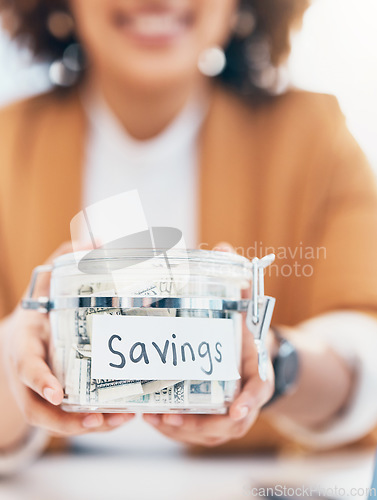 Image of Closeup, cash and savings with black woman, jar and finance for future, vacation and budget. Money, hands and African American female with expenses, financial and profit for investing or growth