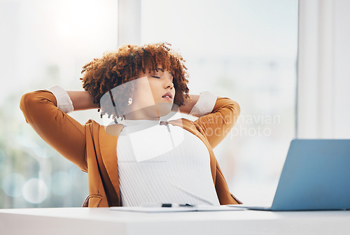 Image of Business, black woman in office and tired with deadline, sleeping and fatigue with new project. African American female employee, entrepreneur and leader exhausted, resting or overworked in workplace