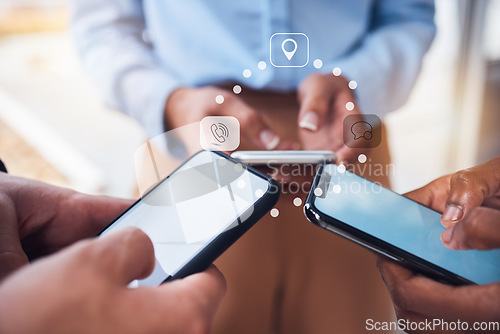 Image of Business people, hands and phone with mockup screen for advertising, marketing or networking. Hand of group on mobile smartphone display for social media, app sync or location share in communication