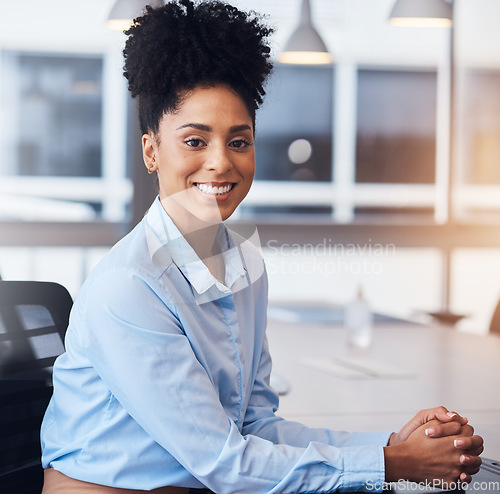 Image of Black woman, business face and portrait in office with pride for career or job as leader. Young entrepreneur person happy about growth, development and mindset to grow corporate company at desk