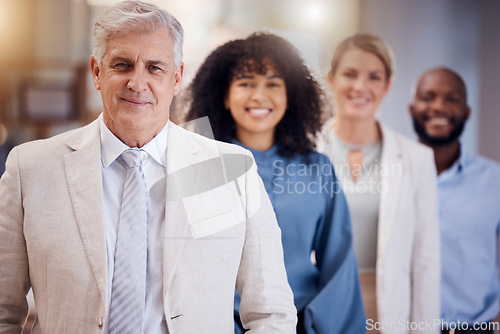 Image of Teamwork, queue and portrait of business people with leadership, partnership and cooperation. Success, happy and corporate employees in a row for support, executive collaboration and group solidarity