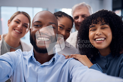 Image of Happy, selfie and friends with business people in office for community, support and diversity. Smile, corporate and social media with picture of group of employee for teamwork, partnership or connect