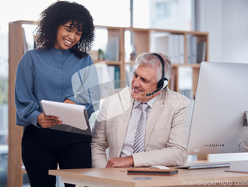 Image of Black woman, manager and call center training with report notes on sales for telemarketing. Supervisor or coach with man at computer desk for customer support, crm or telecom faq information