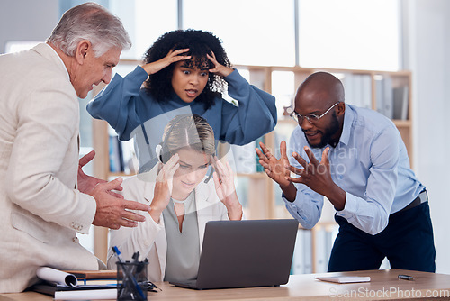 Image of Stress, frustration and people at a call center with a problem in telemarketing, bad email and communication. Glitch, challenge and customer service employees with a crisis in technical support