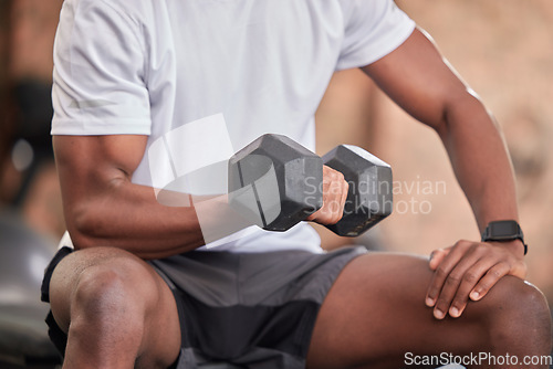 Image of Black man arm, weights training and gym dumbbell of a athlete doing bodybuilder cardio. Healthy, wellness and sports workout for strong arms muscle in a exercise studio with power lifting and fitness