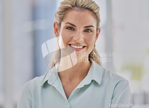 Image of Happy, business and portrait of a woman with a smile for corporate, executive and professional success. Working, happiness and employee with pride, empowerment and confidence in an office at work