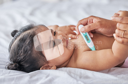 Image of Thermometer, sick and baby on bad with fever, cold and flu symptoms in bedroom with tool to check temperature. Family, child care and parent with sad newborn kid testing for ill, virus or infection