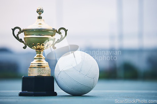 Image of Gold, winner and sports with trophy and netball for achievement, award and championship. Celebration, fitness and victory with prize and ball on ground of court for event, competition and success