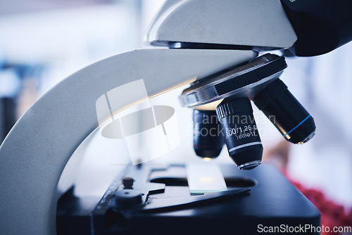 Image of Microscope, science and closeup backgrounds for investigation, expert analytics or medical study. Laboratory equipment, microbiology and magnifying tools of test, stem innovation or medicine research