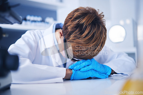 Image of Depression or black woman scientist with stress for medical crisis, medicine research fail error in lab. Sad, tired or frustrated nurse for healthcare anxiety, work burnout or mental health