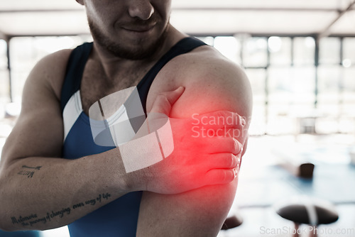 Image of Shoulder pain, sport injury and man with fitness, muscle tension and hand, gymnast at gym and red overlay. Sports accident, medical emergency and person at gymnastics, competition and inflammation