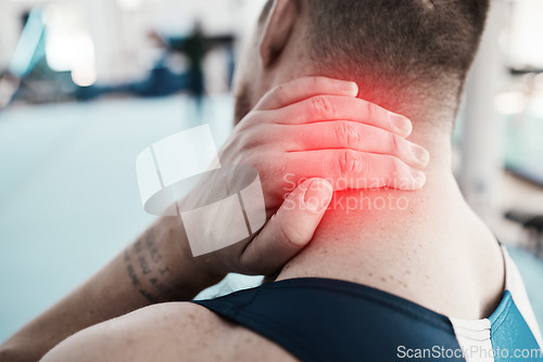 Image of Neck pain, sport injury and person with fitness, muscle tension or hand, gymnast at gym and red overlay. Sports accident, medical emergency and competition with gymnastics, inflamed of joint