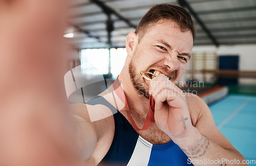 Image of Sports, gymnastics and selfie with man and medal for award, social media and celebration. Fitness, workout and winner with athlete and training in gym arena for gold, achievement and competition