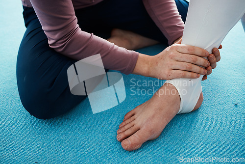 Image of Injury, hurt and foot or ankle pain for athlete getting help from coach, trainer and sport or gymnastics practice. Person, emergency and closeup of people feet swollen muscle due to exercise accident